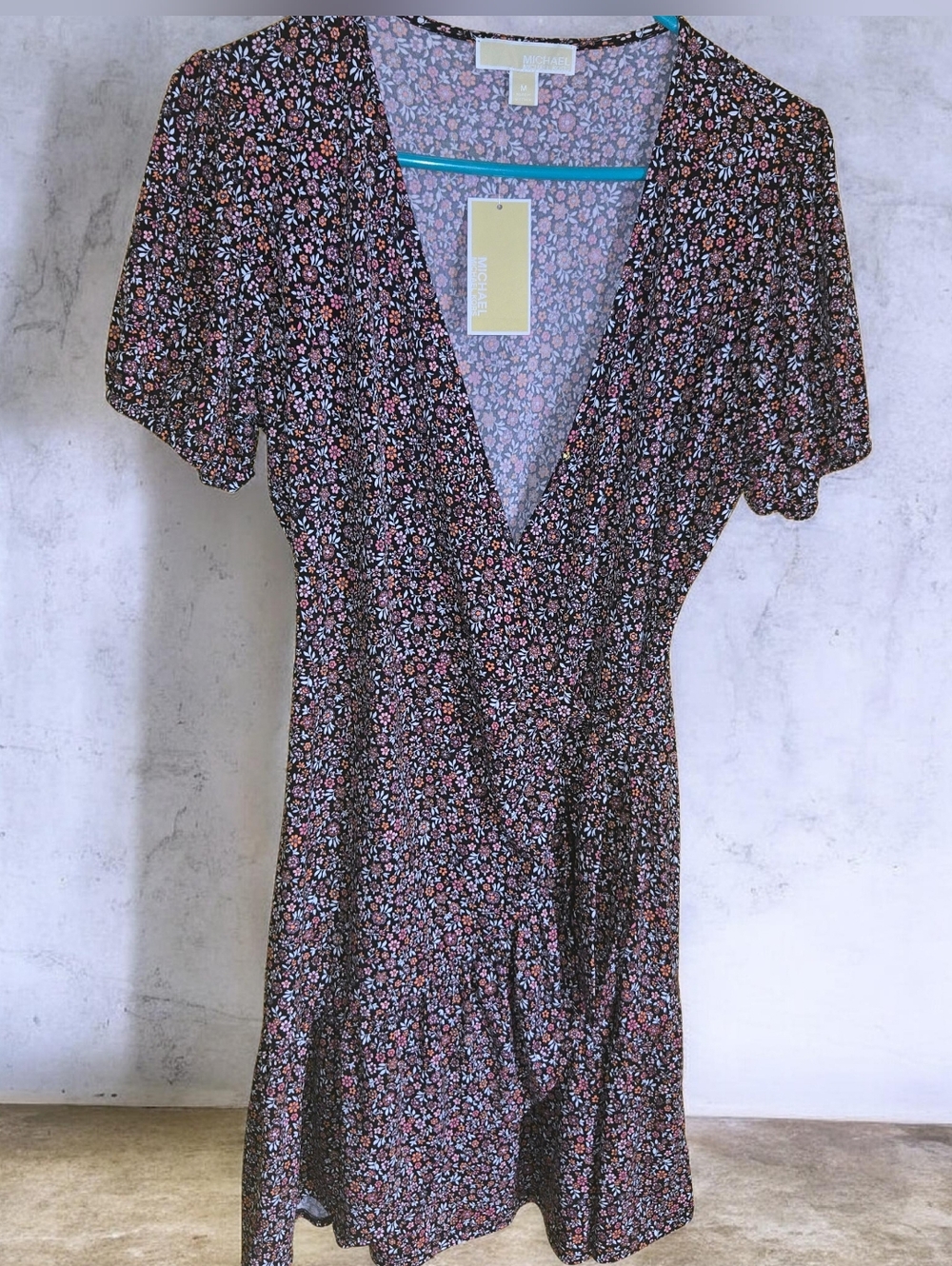 MICHAEL Michael Kors Black Mini Wrap Dress with Pink & White Floral Size M